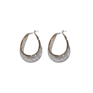 Elegant silver mesh textured oval hoop earrings with a sparkling metallic finish