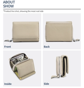 Detailed view of trifold mini leather wallet with litchi grain and interior compartments