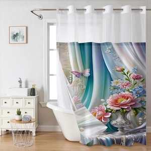 Detail of waterproof polyester shower curtain with 3D floral peony and butterfly print