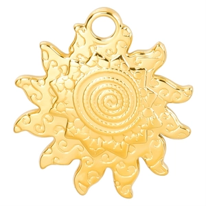 Polished gold sun pendant with spiral center and wavy rays for DIY jewelry making