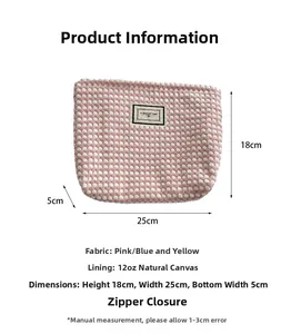 Pink and white textured plush makeup bag with Pleasant Time patch and size dimensions