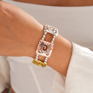 Hollow Square Charm Bracelet Alloy Tricolor Engraved Follow Your Heart Rhinestone Elastic Bangle Bohemian Style For Women
