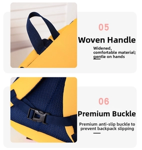Detail of widened woven handle and anti-slip safety chest buckle on kids backpack