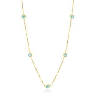 Gold plated stainless steel necklace with five blue evil eye charms on a white background