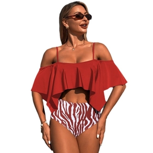 Two-piece red ruffle off-shoulder bikini set with zebra print high waist bottoms
