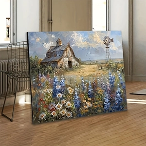 Vintage American country oil painting canvas with blue flowers, cabin, and windmill