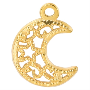 Detailed close-up of a gold-plated moon pendant featuring intricate hollow patterns