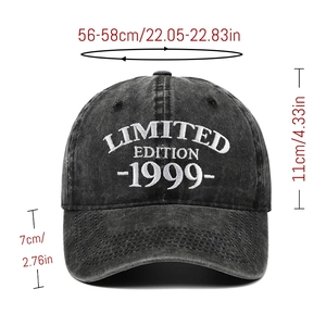 Detail view of washed cotton baseball cap with size specs and 1999 limited edition embroidery