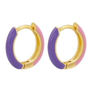 Macro view of C-shape hoop earrings with purple and pink split enamel on gold plating