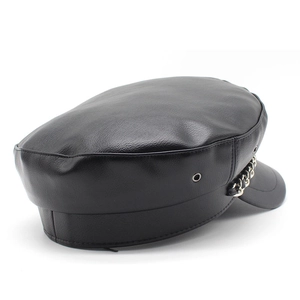 Classic black PU leather navy hat with silver metal chain and flat top structure