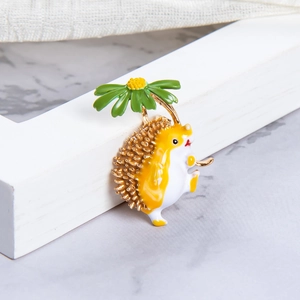 Cute cartoon hedgehog brooch with green flower umbrella and yellow enamel finish