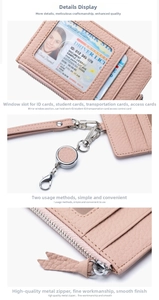 Pink lychee grain leather ID holder with retractable lanyard, metal zipper and clear window