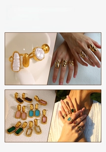 Detailed grid view of 18K gold stainless steel geometric rings and colorful gemstone earrings