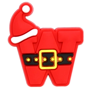 Detail of Christmas letter W shoe charm made of soft PVC with Santa Claus theme colors