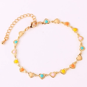 Detail of gold heart link bracelet with colorful enamel inlay and adjustable lobster clasp