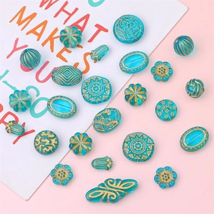 Teal and gold Baroque style glass beads in various shapes for DIY jewelry making