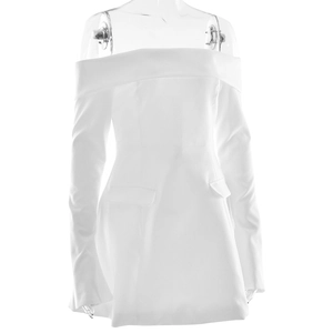 Front detail of a white off-the-shoulder A-line dress with blazer lapels and long sleeves