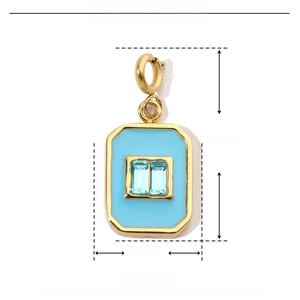 Detail view of a blue enamel square pendant with stainless steel spring clasp and dimensions