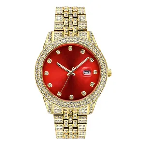 Luxurious gold iced-out men's quartz watch with red dial and luminous calendar display