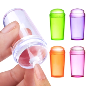Nail art stamper kit with clear silicone heads and colorful handles in five bright colors