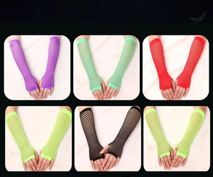 Long fingerless fishnet gloves in multiple vibrant colors for party and stage wear