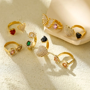 Adjustable Open Ring Stainless Steel Faux Artificial Pearl Zircon Heart Butterfly Flower Vintage Luxury Jewelry Women