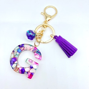 Handmade Resin Initial Keychain With Purple Tassel Glitter Star Glass Ball Gold Alloy Ring Women Bag Hanging Jewelry