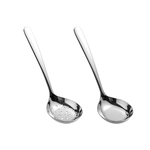 Polished 304 stainless steel soup ladle and slotted spoon set on a clean white background