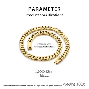Detailed specs for 12mm wide, 600mm long golden stainless steel Cuban link necklace