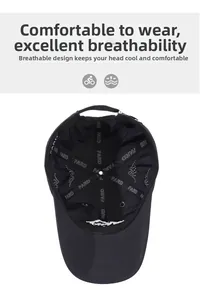 Detail of the breathable mesh interior of a black quick-dry baseball cap with moisture-wicking fabric