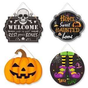 4-piece wooden Halloween door sign set with skeleton pumpkin and haunted house designs