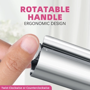 Macro shot of ergonomic rotating metal handle on a tube squeezer showing grip detail