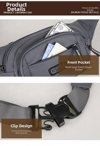 Detail of grey waterproof nylon waist bag showing multiple zipper pockets and buckles