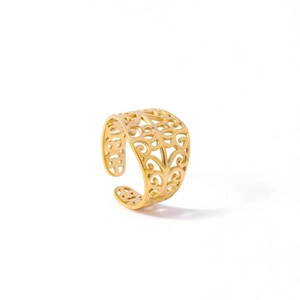 Gold stainless steel mesh open ring with elegant filigree texture and wide band design