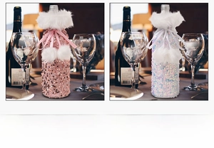 Detail of sequined wine bottle covers with faux fur collars for Christmas table decor