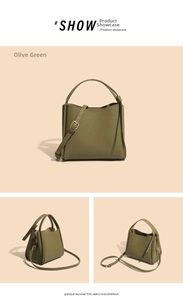 Close-up of olive green bucket bag showing lychee grain texture and gold hardware