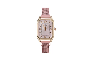 Detail of pink metal mesh strap and octagonal gold dial on a modern women watch
