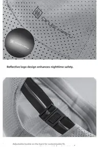 Detail of reflective logo and adjustable back buckle on breathable grey mesh cap