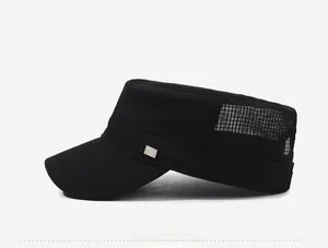 Side view of men's black flat top army cap with breathable mesh and metal buckle detail
