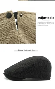 Detail of adjustable metal snap button on knitted beret hat with textured weave pattern