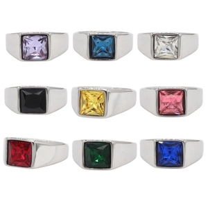 Set of nine silver-toned rings with colorful square princess-cut gemstones in a grid display