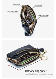 Detail view of leather wallet showing 180-degree opening and internal card slots