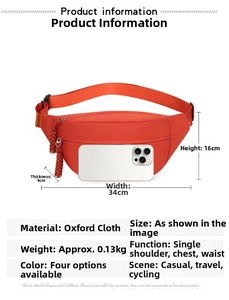 Detailed view of orange canvas waist bag showing dimensions and adjustable strap buckles
