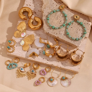 Assorted 18K gold plated stainless steel earrings with natural stones and hammered textures