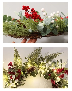 Close-up of woven rattan base and LED lighted pinecone Christmas wreath with berries
