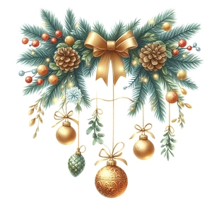 Christmas wall decal featuring pine branches, gold bows and red ornaments on white background