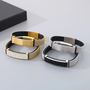 Detail of stainless steel mesh bracelets with magnetic clasps in gold and silver finish