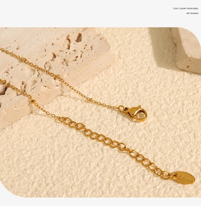 Detail of gold stainless steel necklace with adjustable chain, lobster clasp and S.Steel tag
