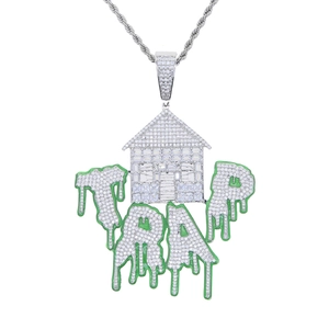 Hip hop TRAP pendant necklace with silver finish, cubic zirconia and green drip effect