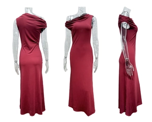 Detailed views of a burgundy off-shoulder slim-fit maxi dress from multiple angles